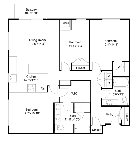 Floor plan for 3 beds, 2 baths, 1512 sqft